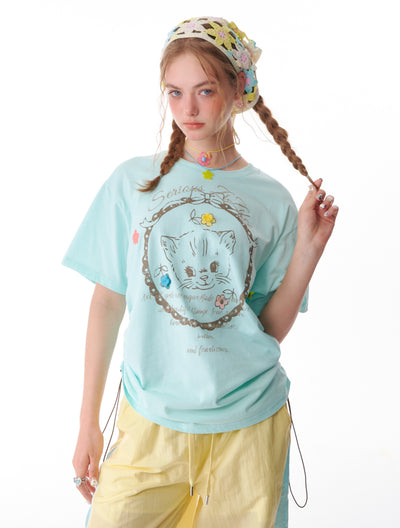 American Style Loose Cat Print Short-sleeved T-shirt  ZIZ0099