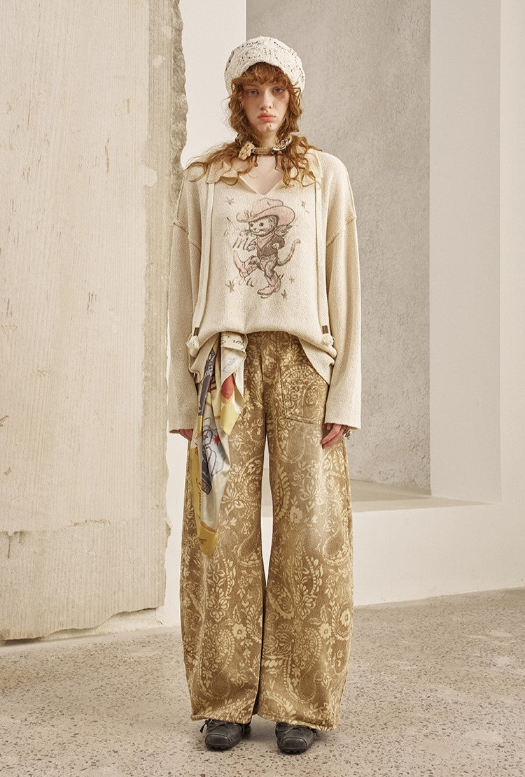 Cat Print V-neck Loose Sweater DID0254