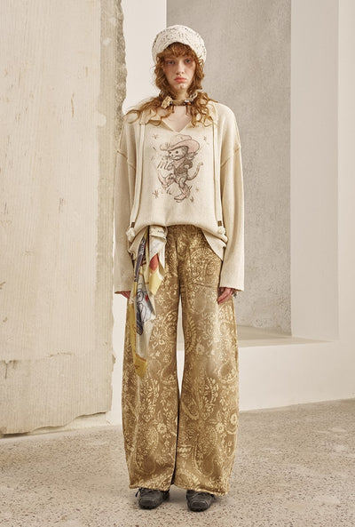 Cat Print V-neck Loose Sweater DID0254