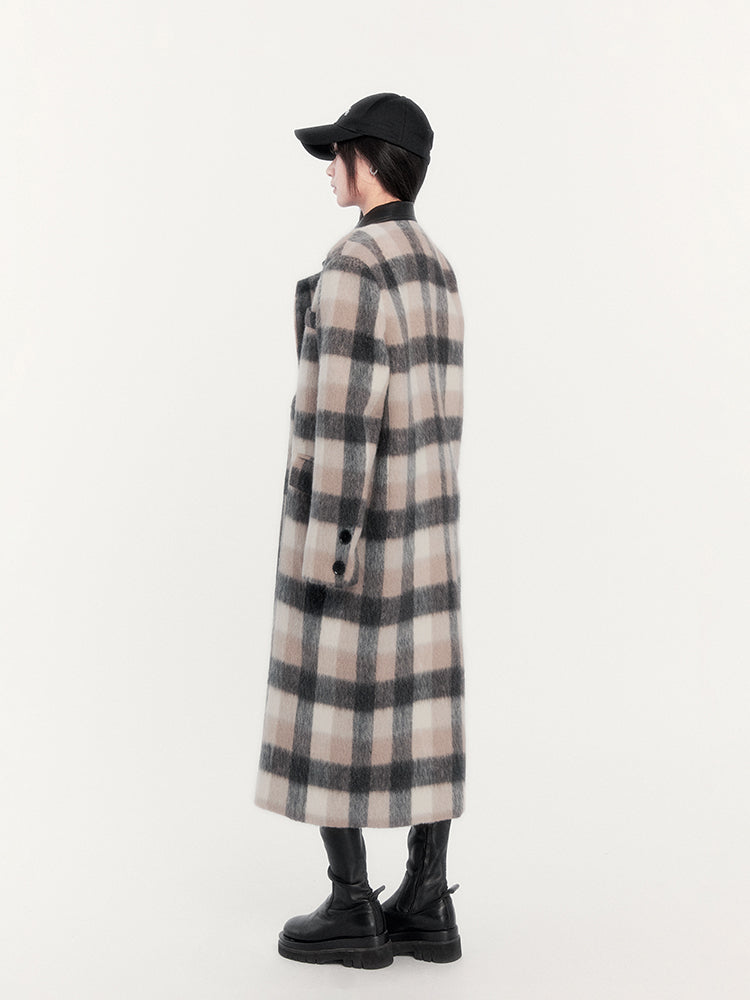 Brown Relaxed Plaid Woolen Long Coat VOC0284