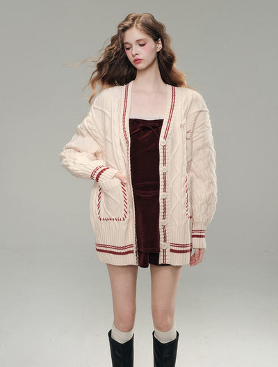 College Style Two-color Embroidery Knitted Large Cardigan GRO0074