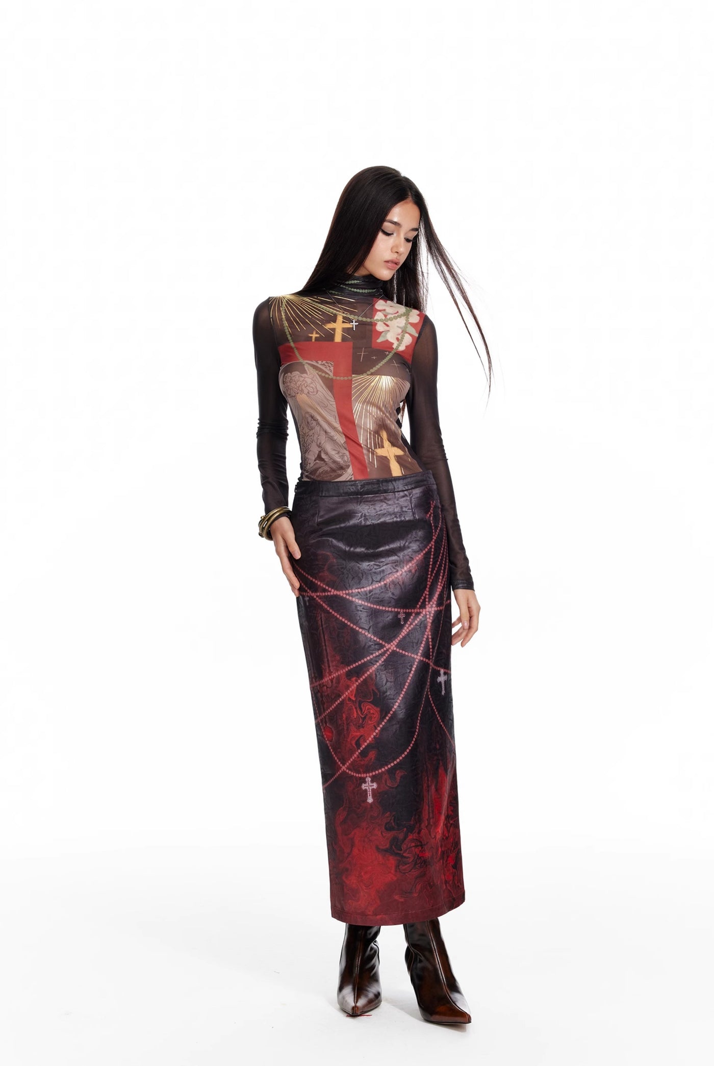 Flame Oil Painting Print Medium-length Straight Skirt 4MU0087