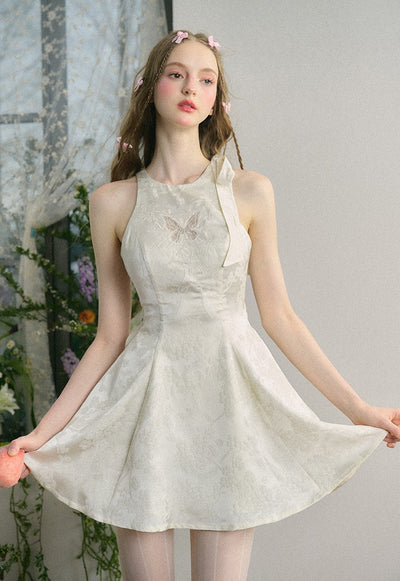 Butterfly Silence Embroidery Hollow White Jacquard Princess Dress GRO0062