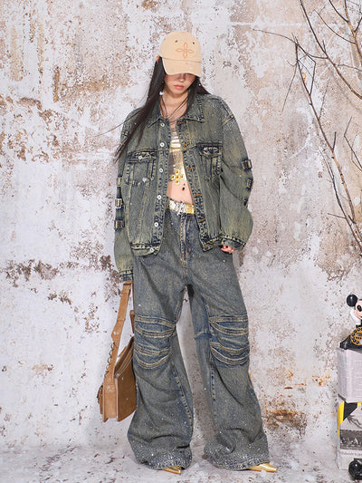 Diamond Washed Old Design Denim Jacket/Wide-leg Pants UNC0170