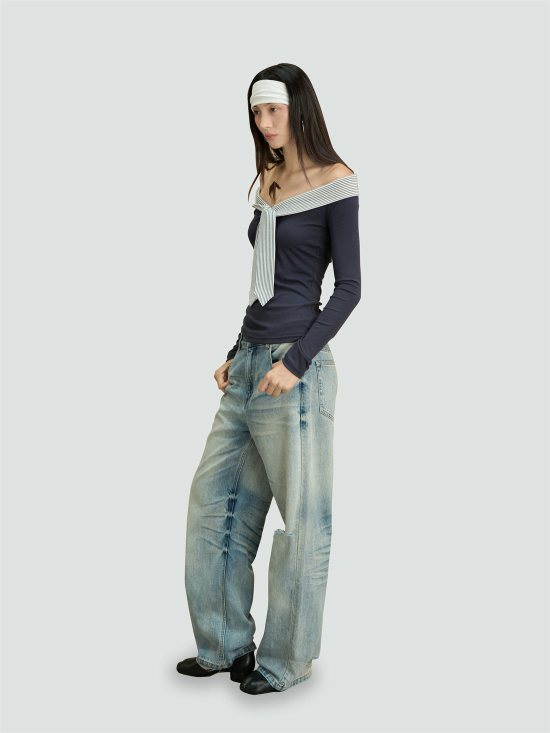 One-shoulder Striped Tie-stitched T-shirt CUR0248