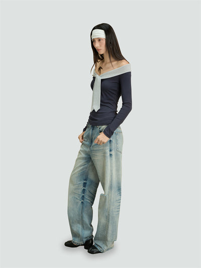 One-shoulder Striped Tie-stitched T-shirt CUR0248