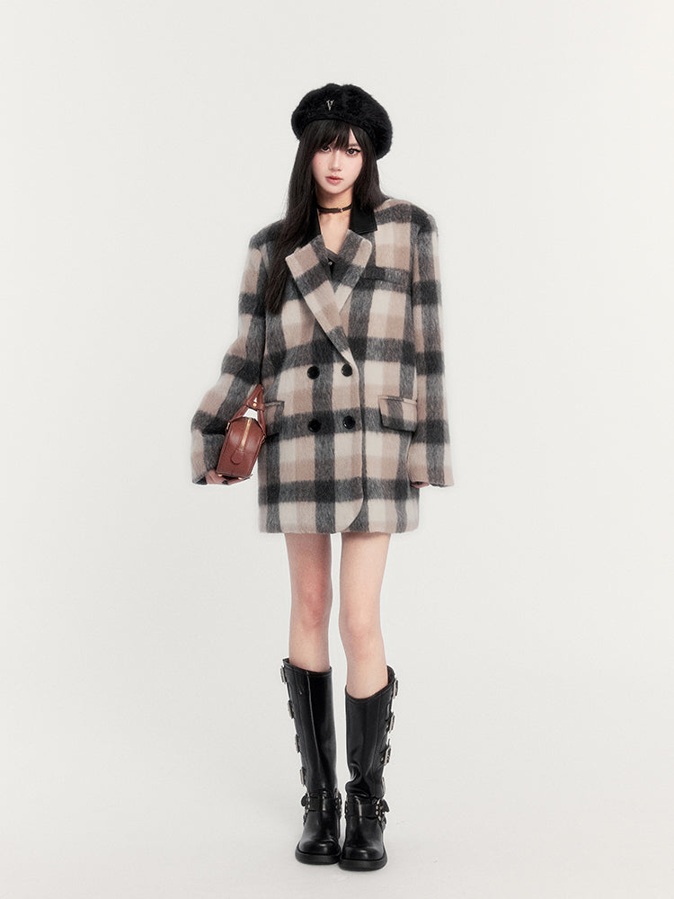 Retro College Style Warm Plaid All-match Woolen Coat VOC0269