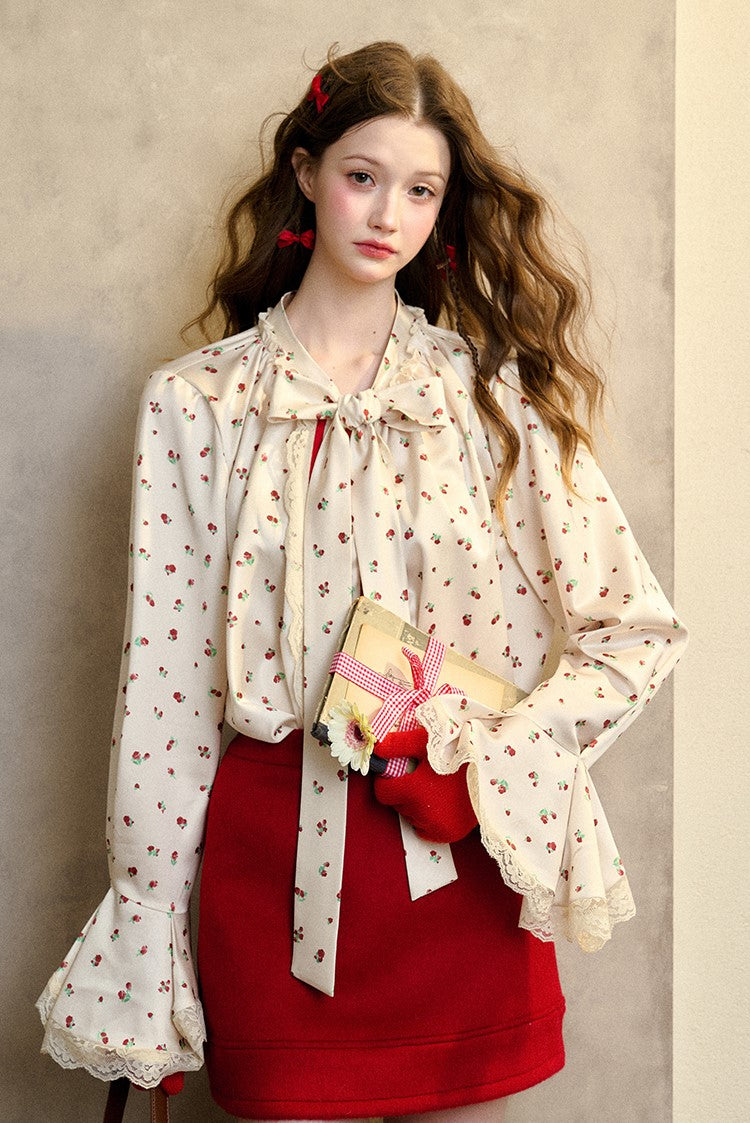 Berry Print Warm Bow Lace Shirt GRO0086