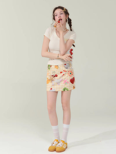 Fruit Print Plaid Short Skirt ZIZ0249