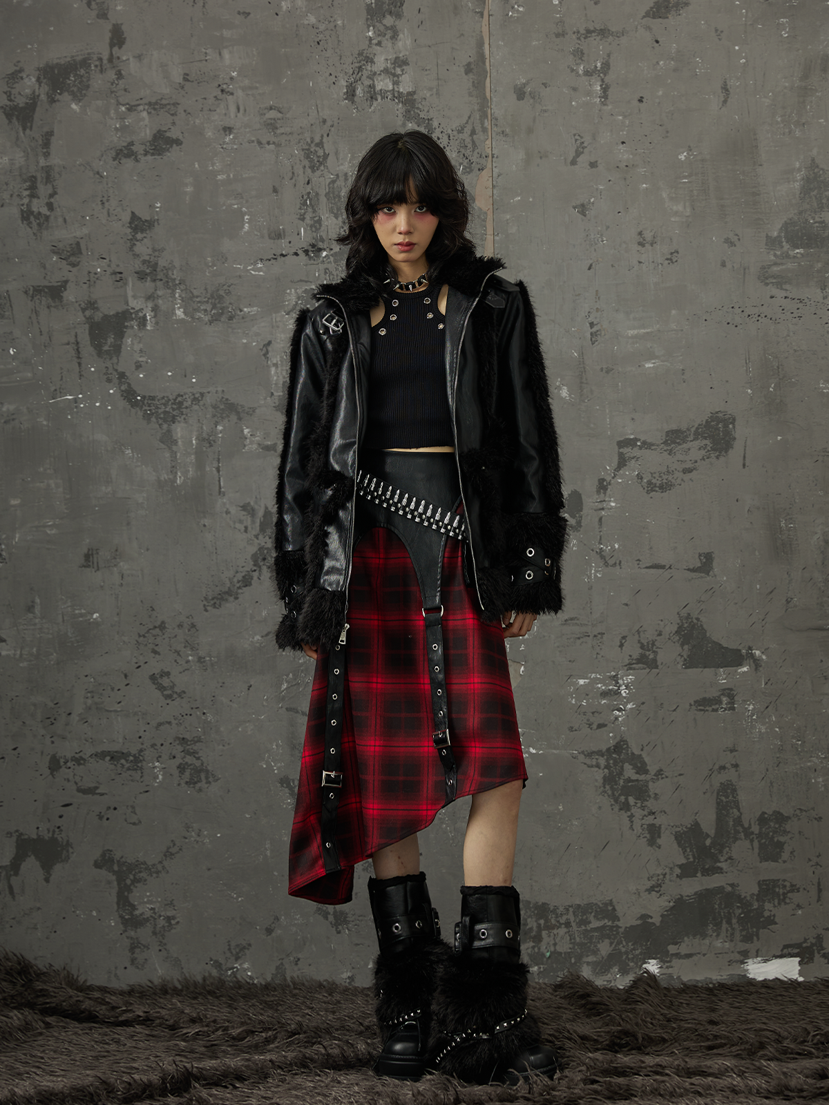 Dark Punk Street Rock Splicing A-line Black And Red Plaid Skirt FRU0032