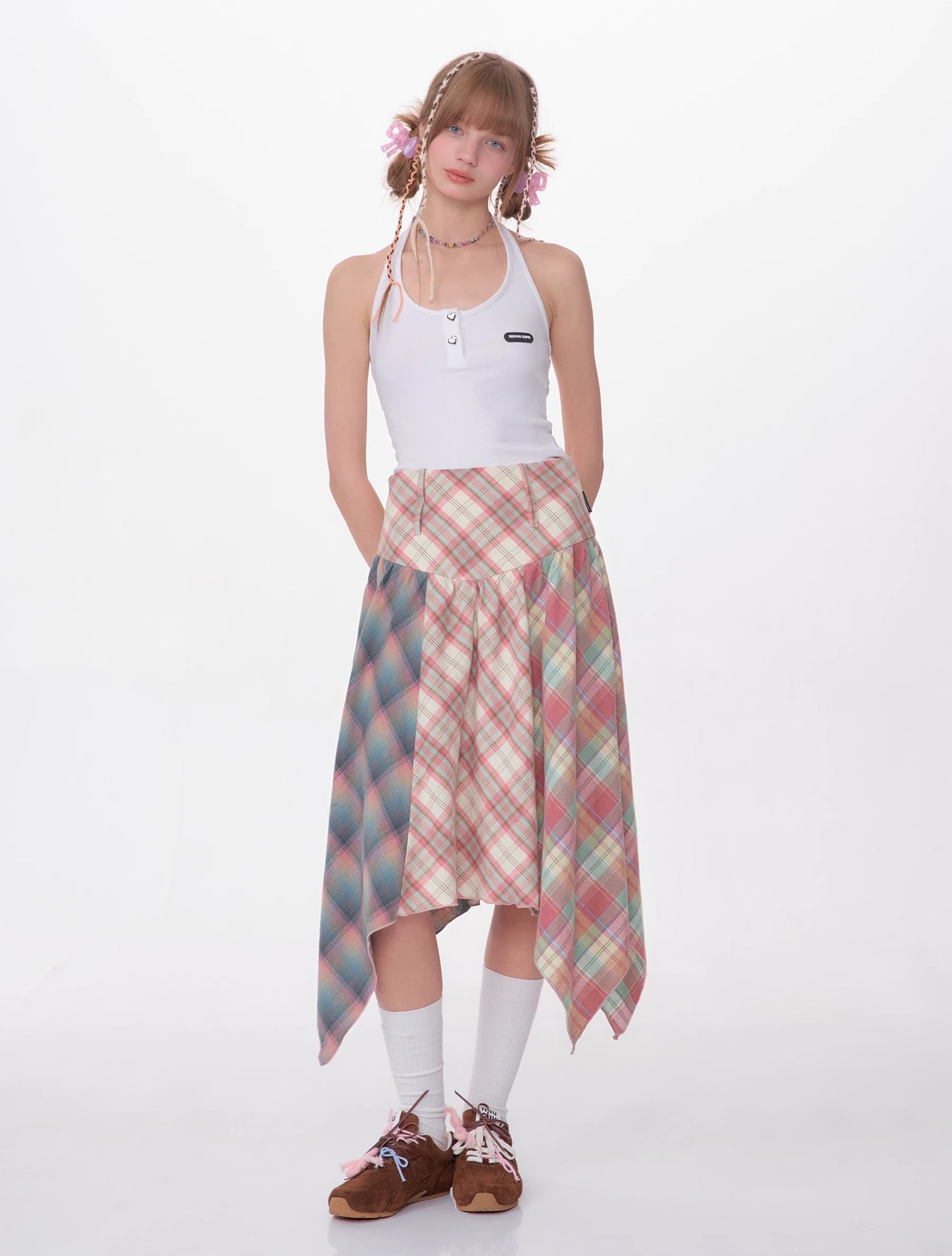 Contrast Color Stitching Plaid High Waist Pink Plaid Skirt ZIZ0113