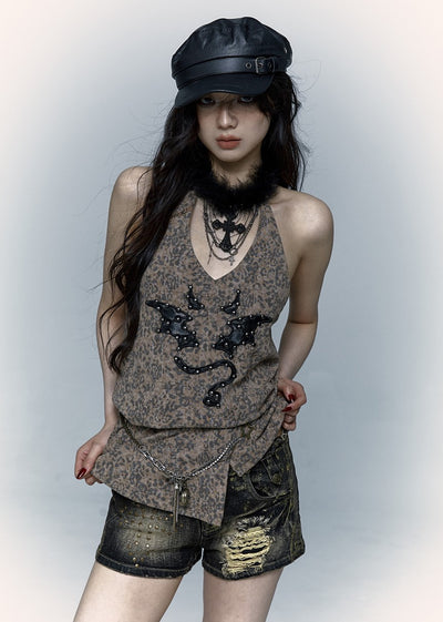 Punk Street Rock Embroidery Leopard Print Halter Vest NOR0067