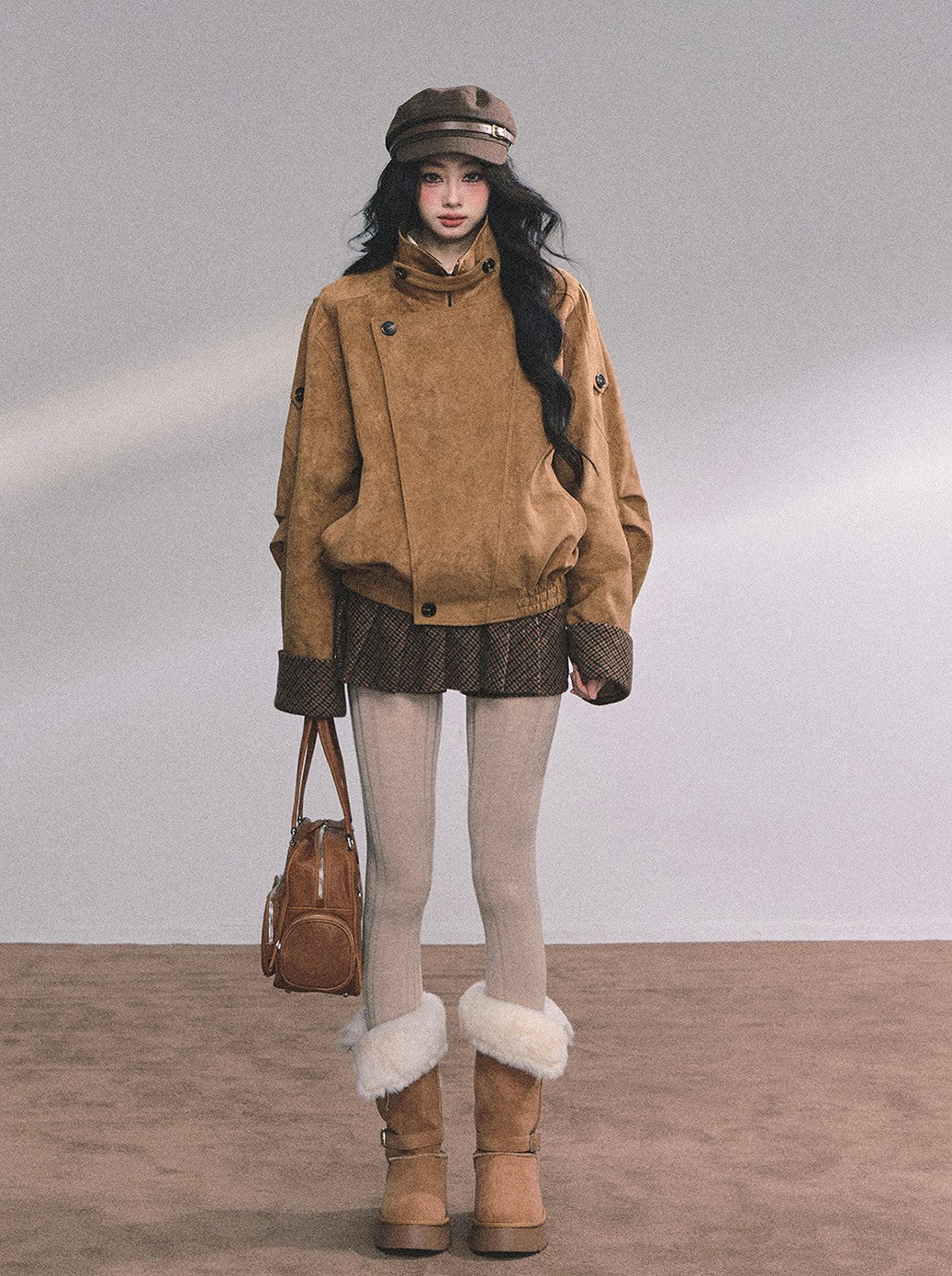 Hazelnut Velvet Suede Jacket/Pleated Skirt DIA0604