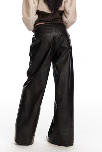 Black Low Waist Slim Wide Leg Straight Leather Pants 4MU0069