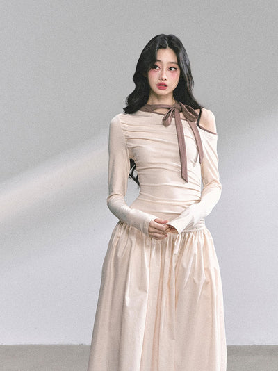 Off-shoulder Waist Slim Bow Dress DIA0574