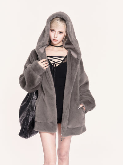 Lazy Style Plush Ribbon Design Hooded Jacket VOC0481
