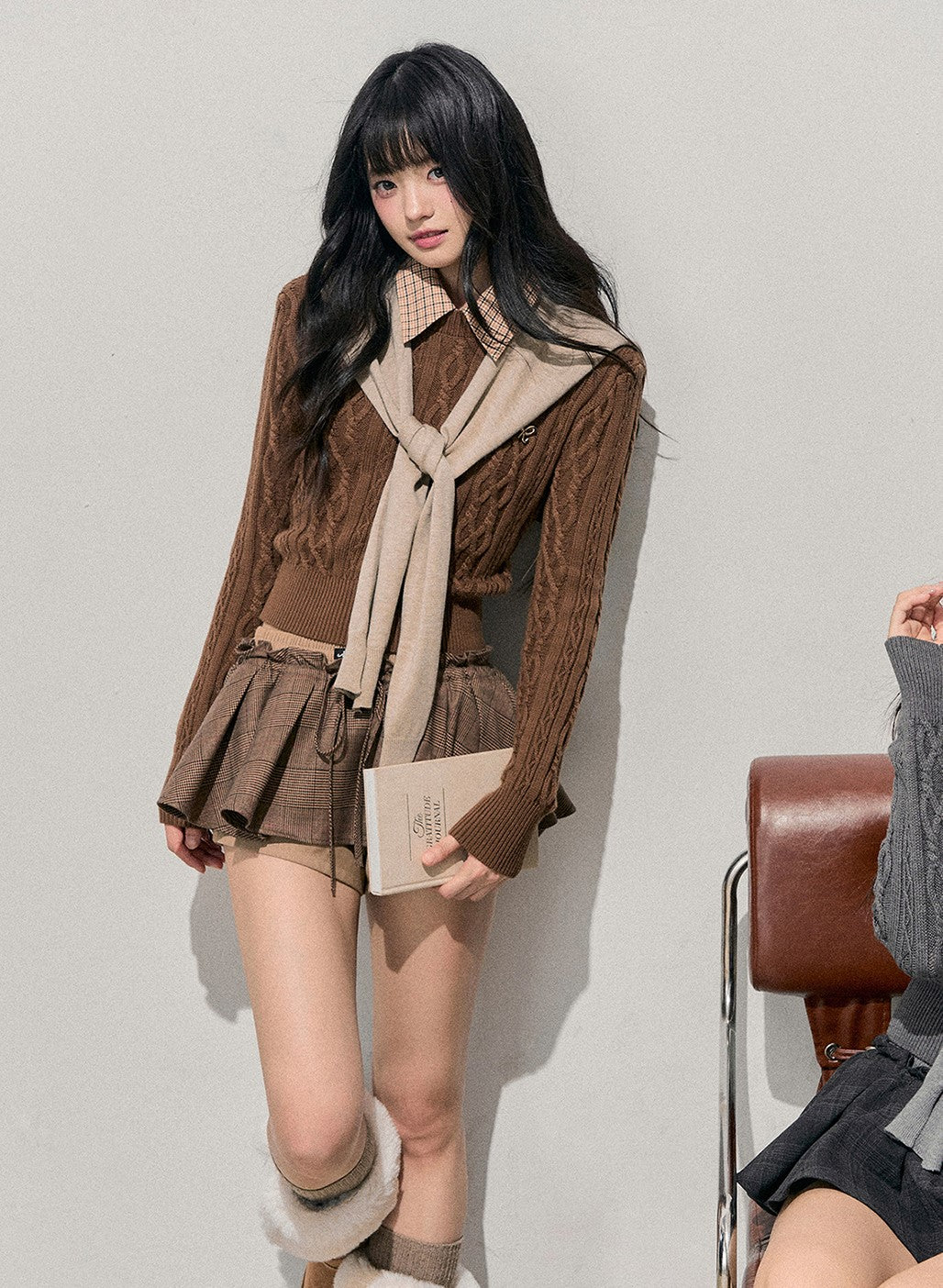 Plaid Collar Cable Knit Sweater DIA0751