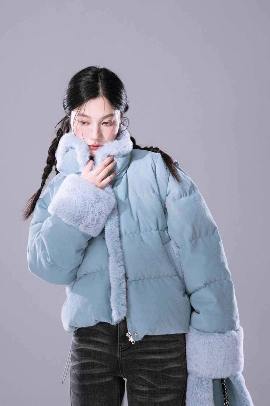 Mist Blue Velvet Detachable Fur Vest Down Jacket COT0180