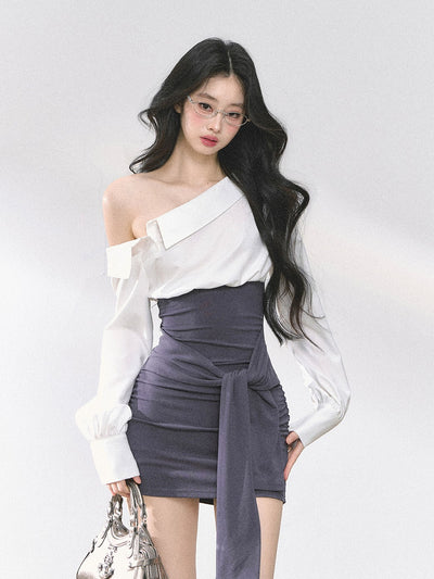 Oblique Shoulder Striped Shirt/Dress DIA0463