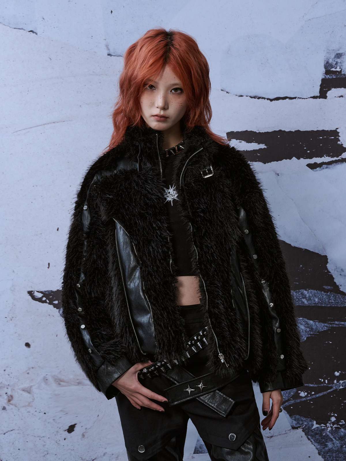 Patchwork Street Metal Punk Rivet Fur Jacket FRU0043