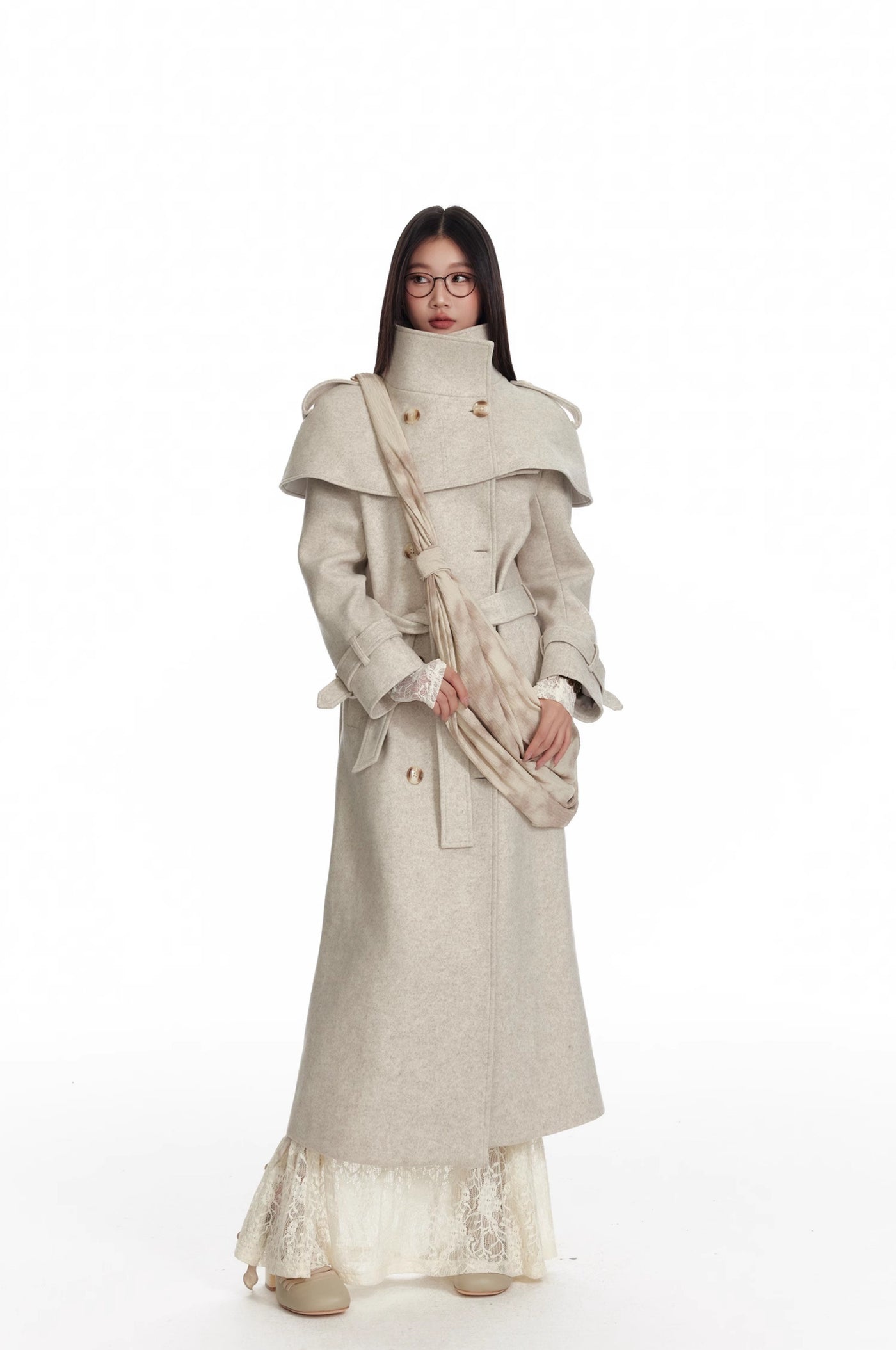 Oatmeal Color Detachable Shawl Cape/Woolen Long Coat 4MU0076