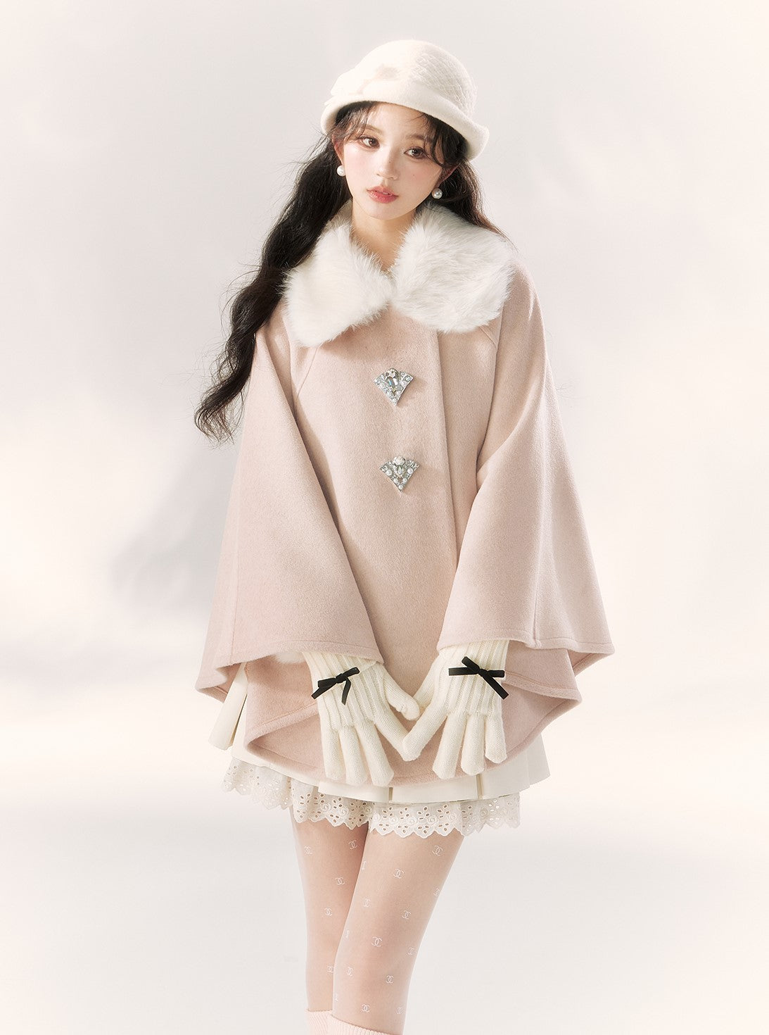 Ribbon Diamond Button Fur Collar Cape BBB0091