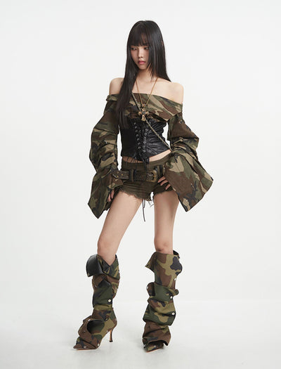 Camouflage One-shoulder Leather Top UNC0254