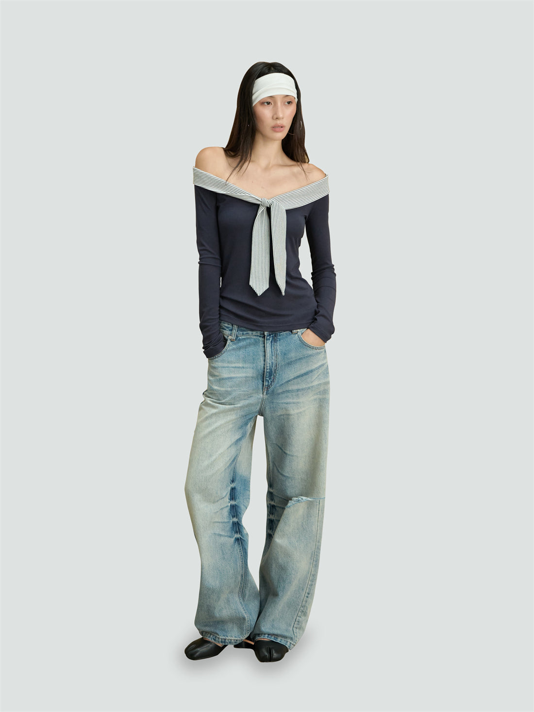 One-shoulder Striped Tie-stitched T-shirt CUR0248