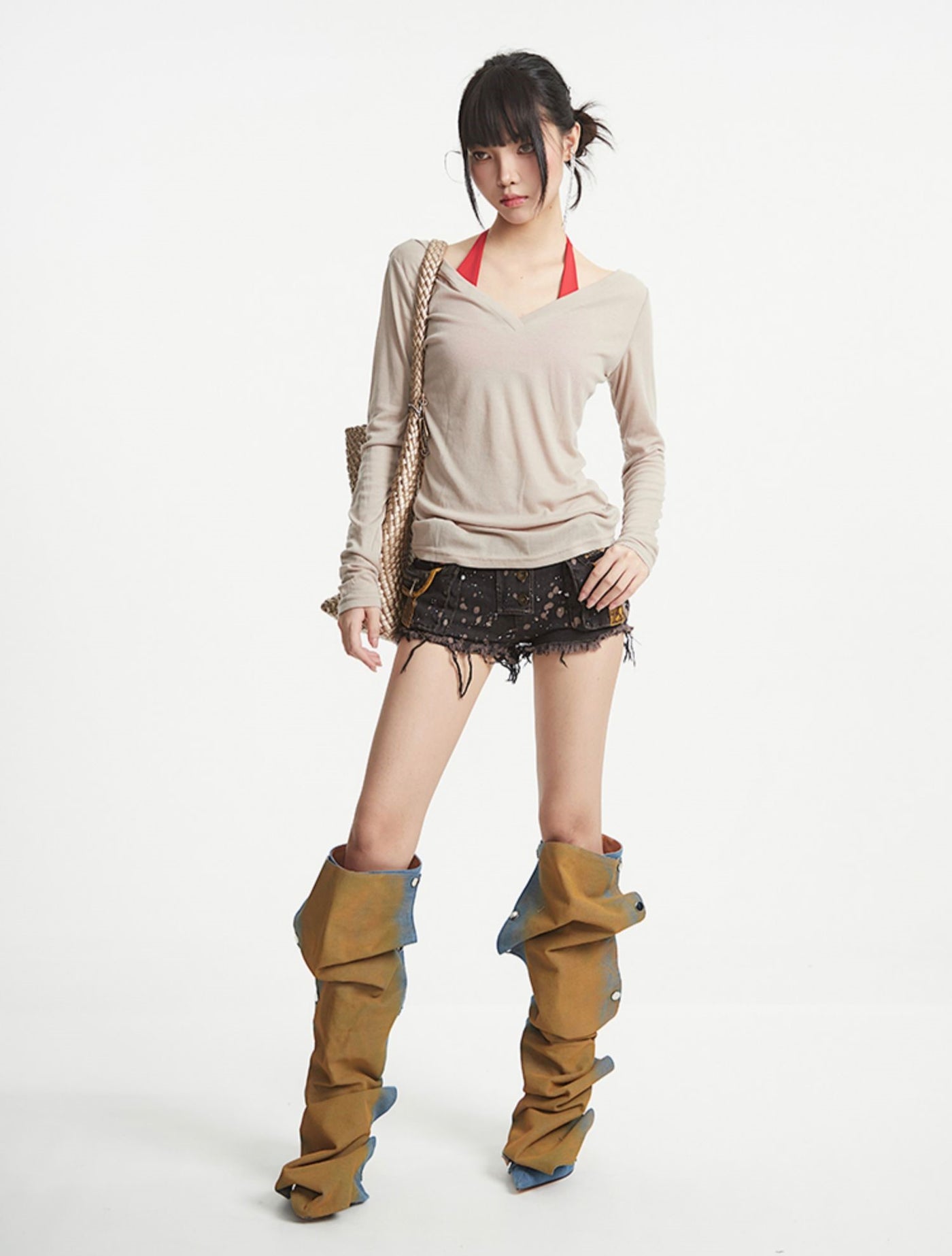 Black Patchwork Leather Denim Shorts UNC0257