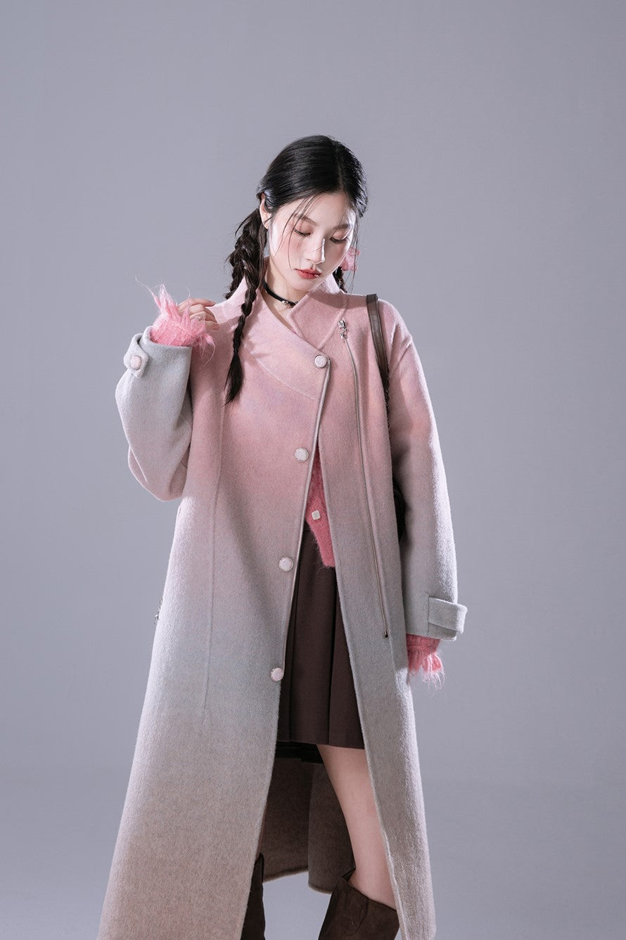 Gradient Powder Pink And Blue Contrast Tencel Double-faced Wool Coat COT0163