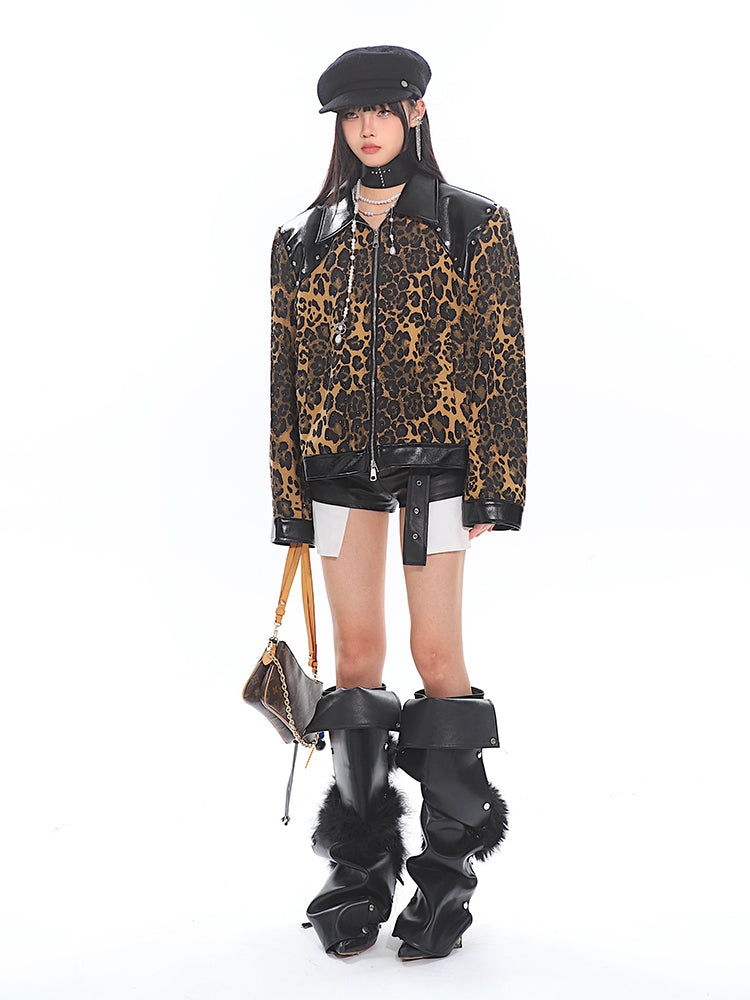 Wild Leopard Design Leather Lapel Zipper Jacket UNC0189