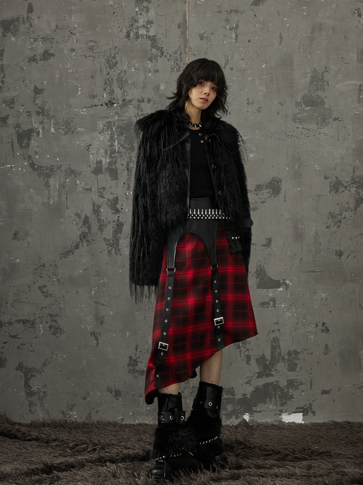 Dark Punk Street Rock Splicing A-line Black And Red Plaid Skirt FRU0032