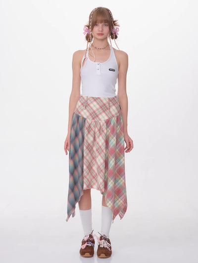 Contrast Color Stitching Plaid High Waist Pink Plaid Skirt ZIZ0113