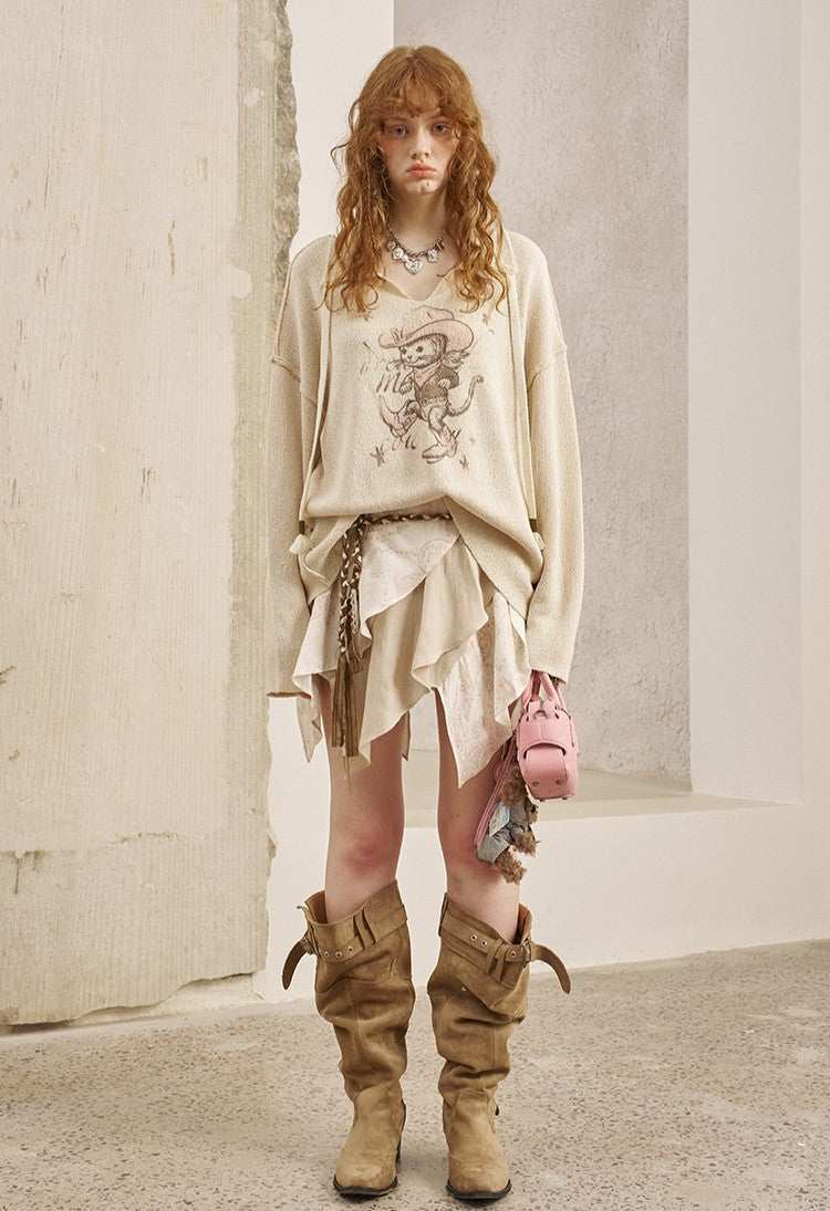 Cat Print V-neck Loose Sweater DID0254