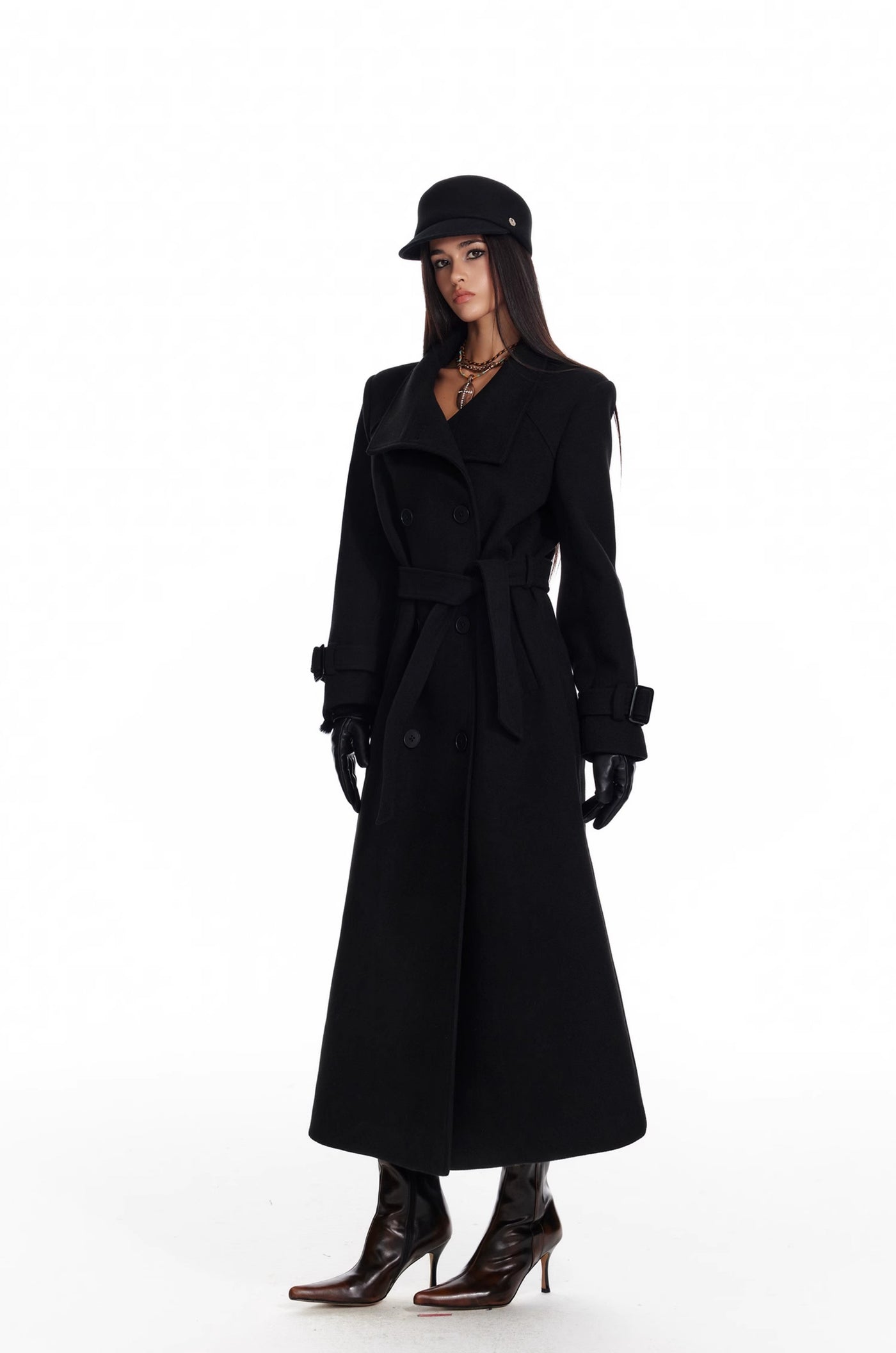 Black Detachable Cape/Woolen Long Coat 4MU0073