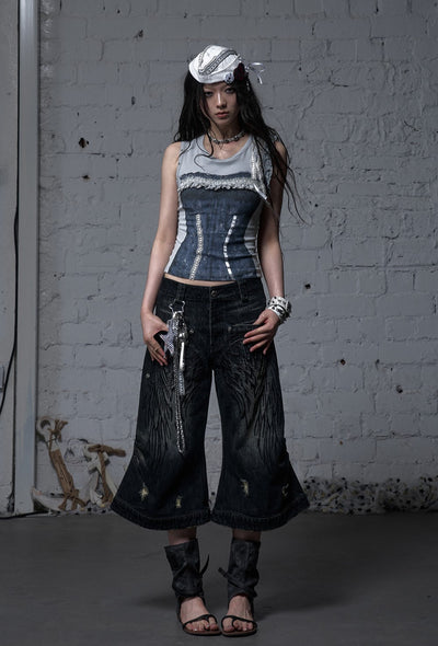 Punk Embroidered Wings Cropped Jeans NOR0177