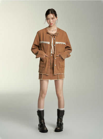 Lace Patchwork Ripped Hem Denim Jacket/Skirt SOM0062