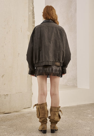 Leather Collar Stitching Denim Retro Jacket DID0222