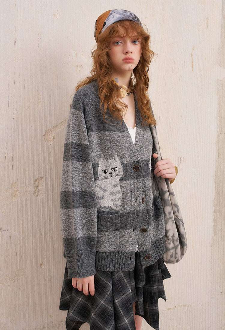 Symmetrical Kitten Striped Knitted Cardigan DID0228