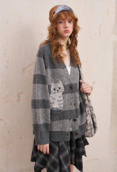 Symmetrical Kitten Striped Knitted Cardigan DID0228
