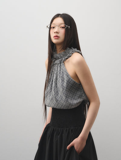 Lace Plaid Half High Neck Top LAL0175
