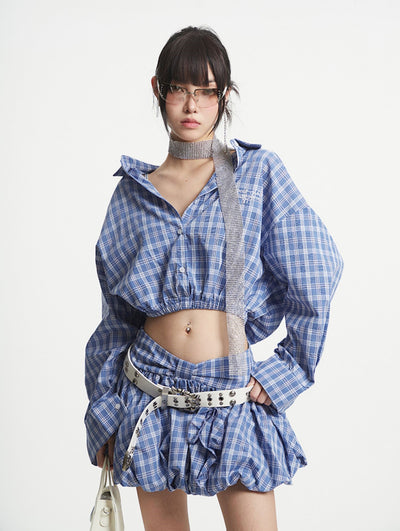Blue Plaid Short Shirt/Puffy Short Skirt UNC0251