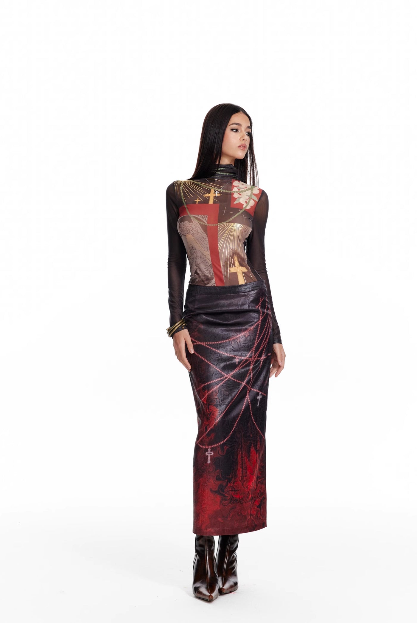 Flame Oil Painting Print Medium-length Straight Skirt 4MU0087