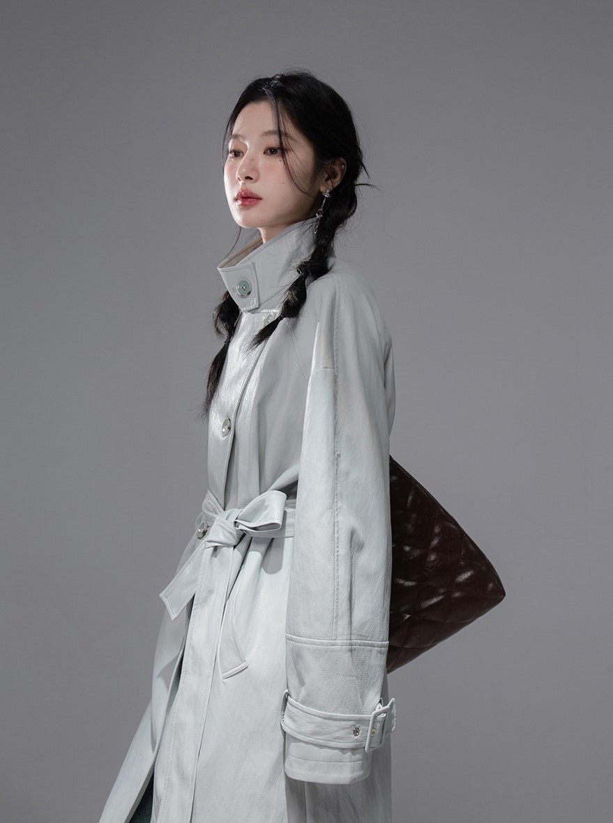 Gray Blue Leather Coat COT0354