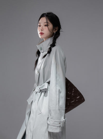 Gray Blue Leather Coat COT0354