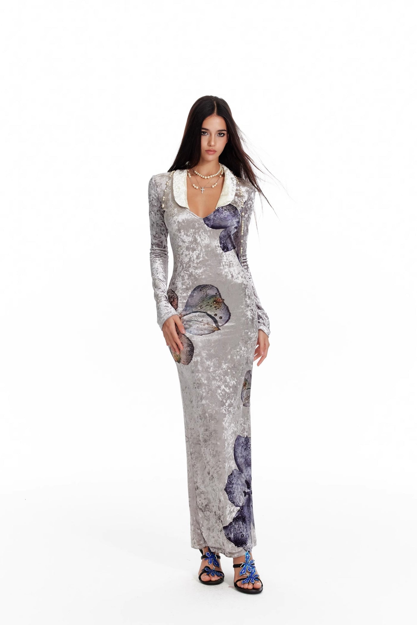 Orchid Print Velvet Fishtail Dress 4MU0085