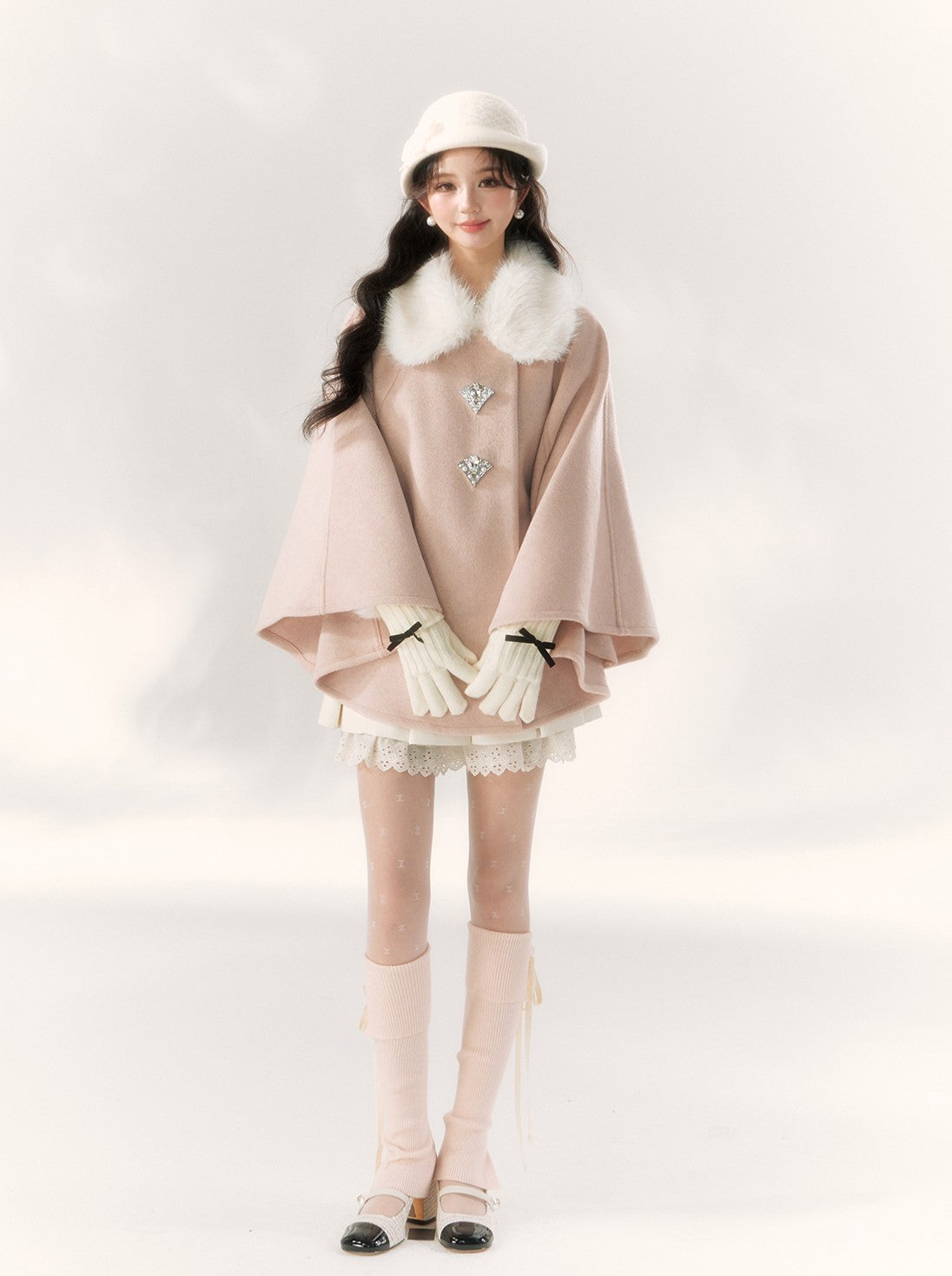 Ribbon Diamond Button Fur Collar Cape BBB0091