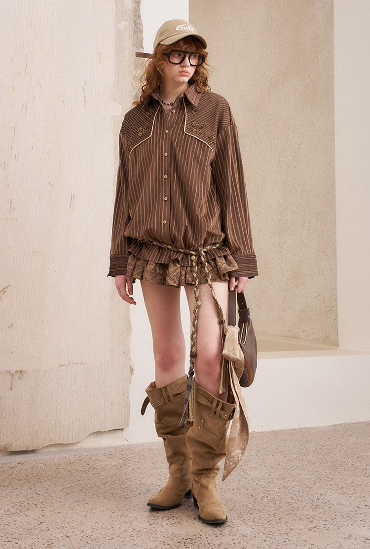 Suede Beaded Retro Striped Shirt DID0215