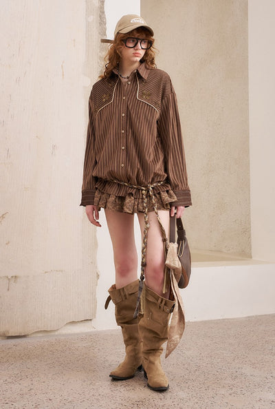 Suede Beaded Retro Striped Shirt DID0215