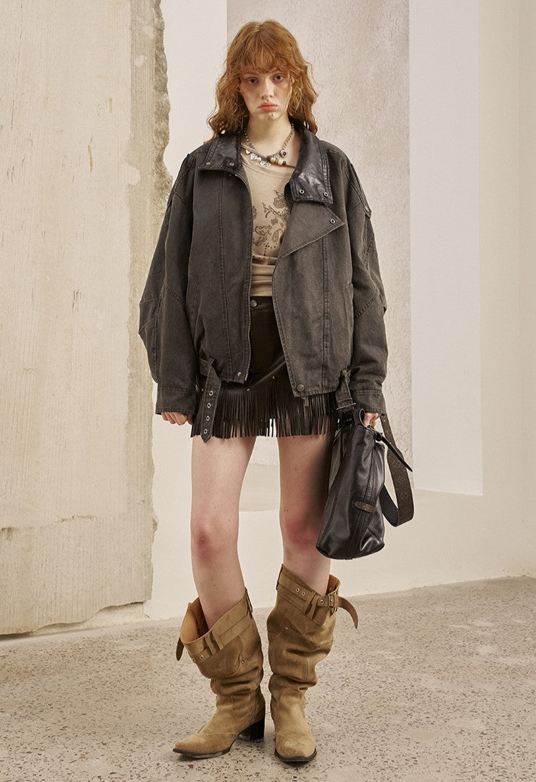 Leather Collar Stitching Denim Retro Jacket DID0222